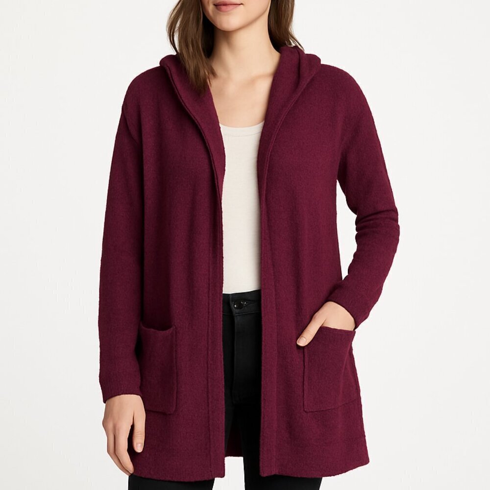 Barefoot Dreams cozy lounge hooded Cozychic Lite knit cardigan plum burgundy M